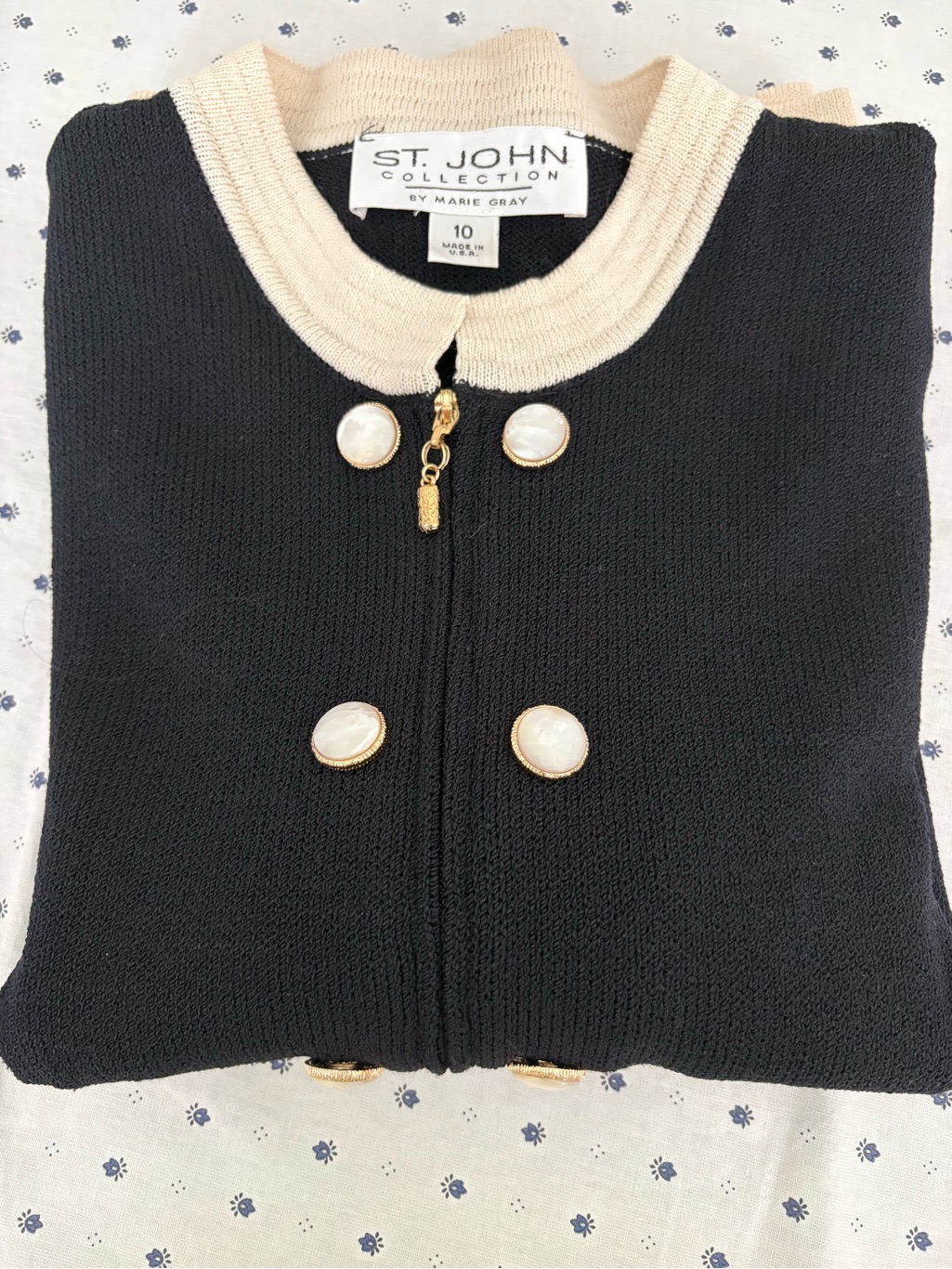 St. John Collection Black Cardigan With Cream Collar And Pearl Buttons